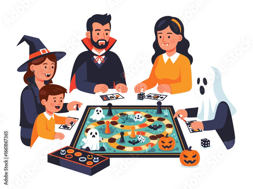 Halloween Game Night: A family dressed in playful costumes gathers around a spooky board game, illuminated by soft, warm light, and exudes a atmosphere of togetherness and friendly competition.