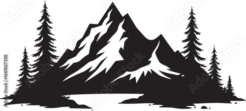 "Mountain and Pine Tree Silhouette Landscape"