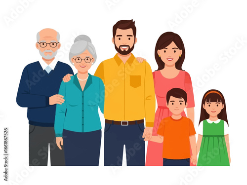 Harmonious Family Portrait: A digitally rendered image of a family, with generations united in mutual love, smiles, and support. Representing unity. 