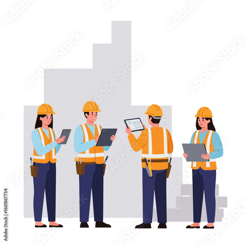 A diverse team of construction engineers and architects wearing safety gear collaborates on a building project, reviewing plans on digital tablets.