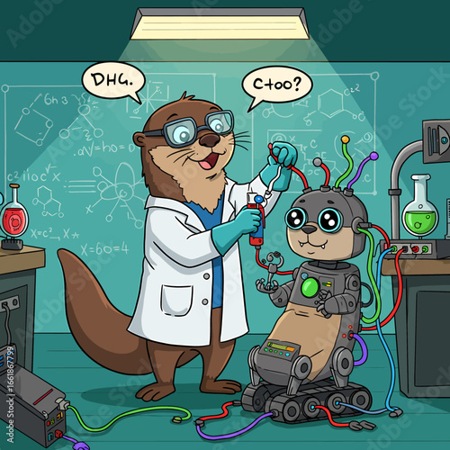 A cartoon otter scientist conducts an experiment with a robotic creature in a colorful lab setting