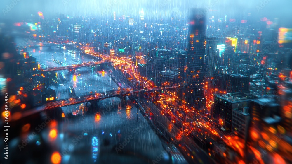 Fototapeta premium Rainy Night Metropolis: A Dazzling Aerial View of City Lights