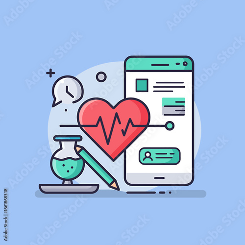 Digital health monitoring concept with smartphone, heart symbol, laboratory flask, and pencil