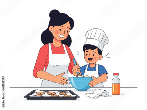 Mom and Son Bake Together: Capture a sweet, heart-warming moment as a mother and her young son bond in the kitchen. Amidst the aroma of cookies baking, they share laughter, stirring batter.
