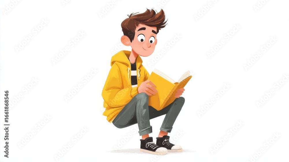 Fototapeta premium A cartoon man in a yellow hooded jacket reads a book with focus, kneeling on one knee against a plain white background,