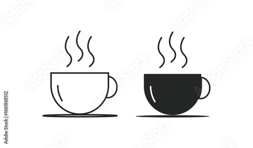 Two steaming cups of coffee or tea one outlined and one solid black