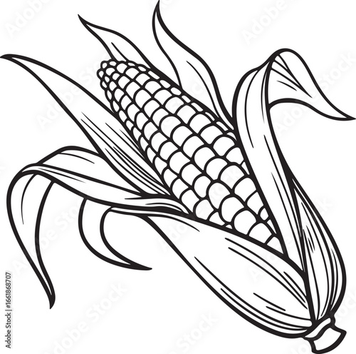 Vector art silhouette image of an ear of corn with a black outline drawing