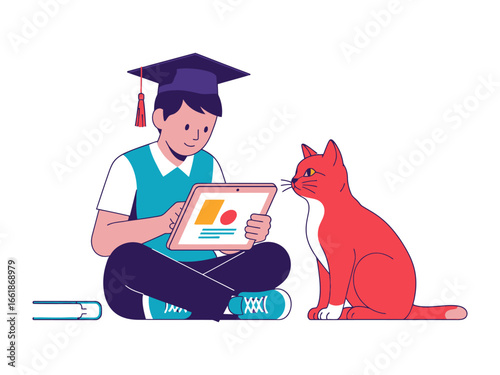 E-Learning Adventure: A student and cat engage in interactive learning on a tablet, illustrating the fusion of education and companionship through bright graphics.