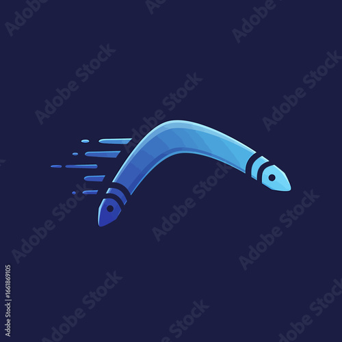 Dynamic blue boomerang in motion against a dark background, illustrating speed and agility