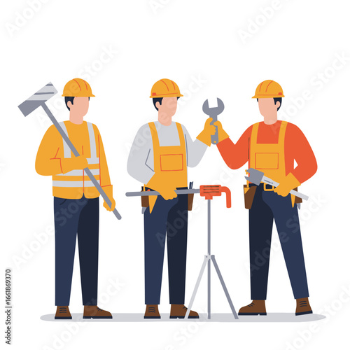 A team of skilled male construction workers, engineers, or maintenance technicians wearing safety gear and holding various tools, ready for a demanding project.