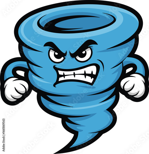 Angry blue cartoon tornado character with clenched fists and sharp teeth storm weather
