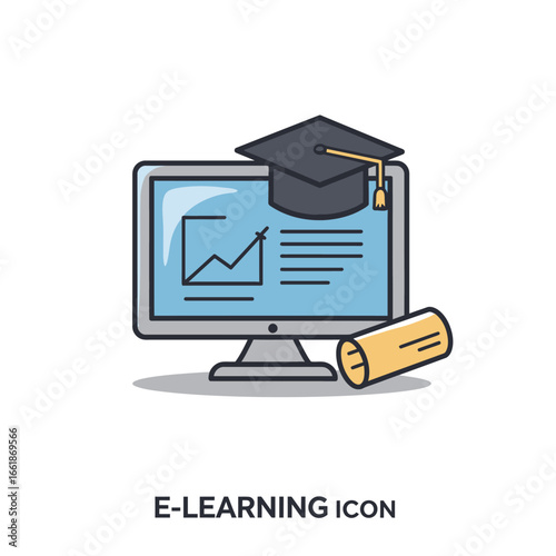 E-learning icon featuring a computer screen displaying educational content and a graduation cap