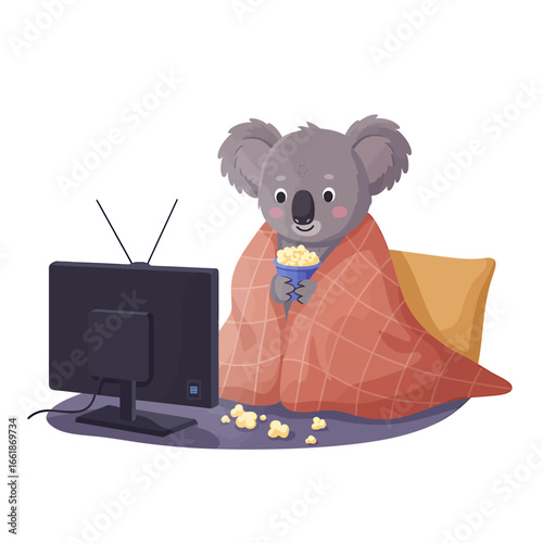 A cozy koala enjoying a movie night at home, wrapped in a blanket, with popcorn in hand