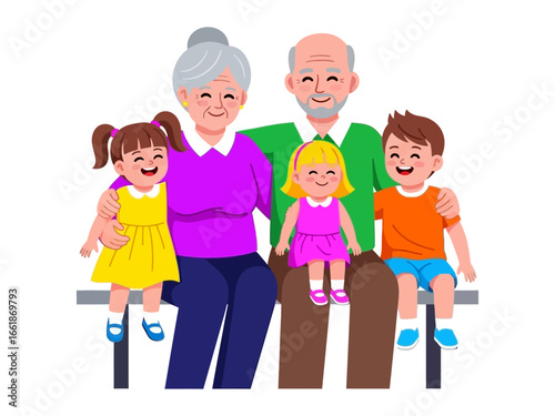 Family's Warmth: A portrait of familial love and togetherness shows grandparents with grandchildren in a sweet pose, highlighting the precious bonds across generations and the happiness within.