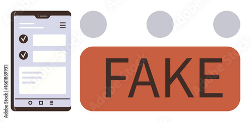 Smartphone interface beside bold FAKE label. Ideal for online truth verification, digital security, misinformation awareness, content validation, critical thinking, news verification, education on