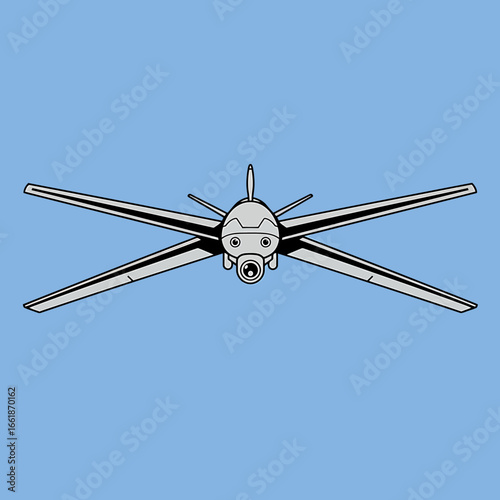 A detailed illustration of a drone with four propellers flying against a blue background, showcasing technology