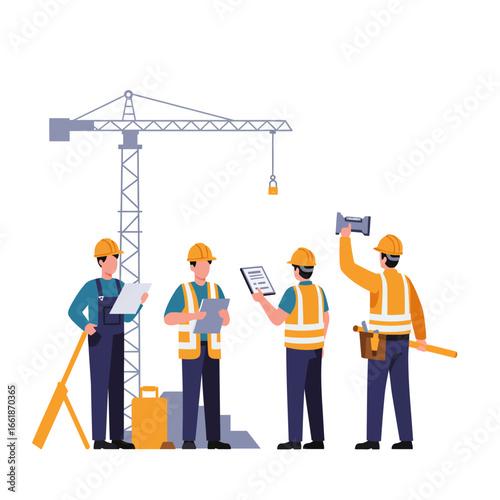 A group of construction workers in safety gear plans and discusses a building project, reviewing blueprints at an active urban development site.