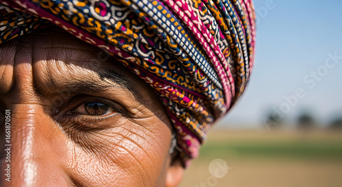 Portrait of elderly indian man wearing colorful turban symbol of rajasthan heritage indian culture and hindu traditions