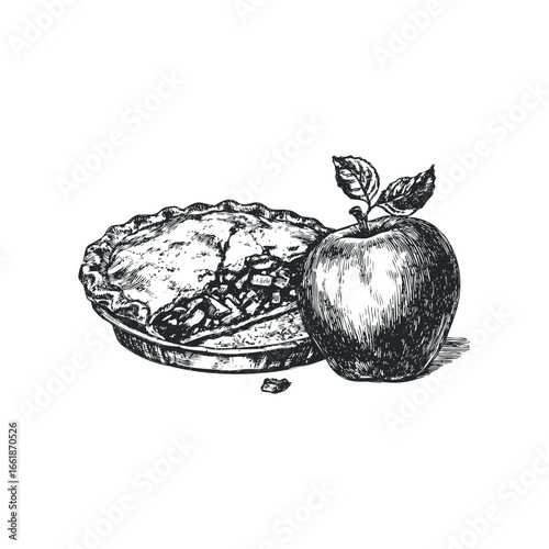 Hand drawn sketch of whole apple pie and fresh apple on white background