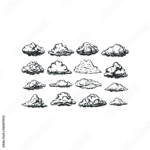 Collection of Hand Drawn Cumulus Cloud Sketches Isolated on White