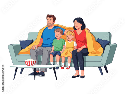 Family Movie Night: A cozy family, snuggled under a blanket on a comfortable sofa, prepares for a fun movie night. A bowl of popcorn rests on the table in front of them.