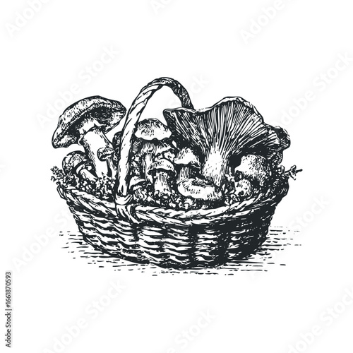 Basket overflowing with various types of forest mushrooms depicted in a hand-drawn style