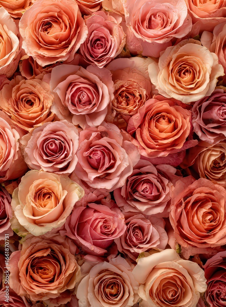 Naklejka premium Close Up View Of Many Different Shades Of Pink And Orange Roses