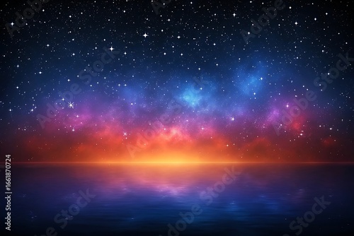 Vibrant nebula reflecting in calm cosmic ocean under starry night sky