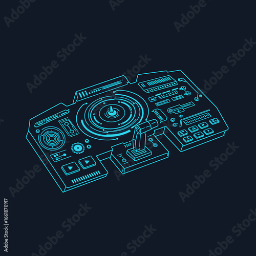 Futuristic DJ controller with illuminated buttons and knobs, set against a dark background, showcasing advanced technology