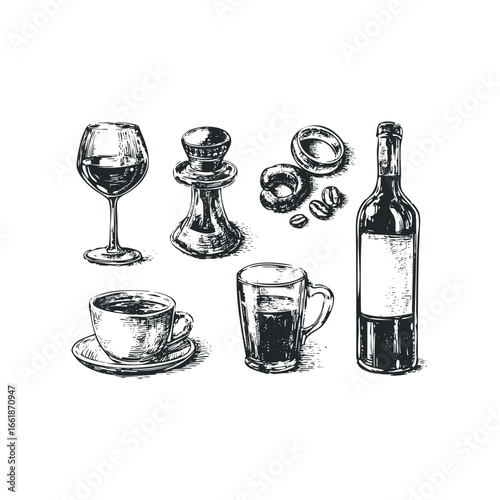 Still life drawing of drinks and coffee beans