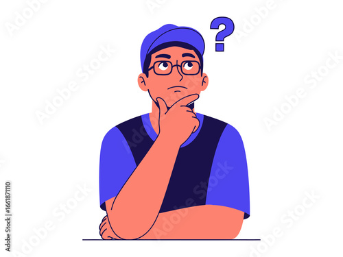 Thinking Man's Quandary: An animated illustration of a thoughtful man, adorned in glasses and a hat, lost in contemplation, accompanied by a question mark that symbolizes uncertainty. 