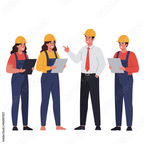 An experienced project manager guides a dedicated team of construction workers, reviewing blueprints and ensuring efficient progress on site.