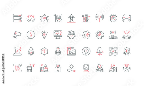 Smart city, parking and public transport, services for citizens, biometric access line icon set. Innovation in cybersecurity, smart home and car thin black and red outline symbols vector illustration