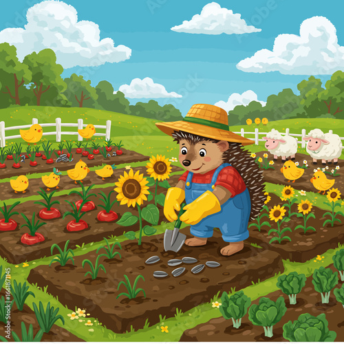 A hedgehog gardener planting seeds in a vibrant vegetable garden with cheerful farm animals nearby