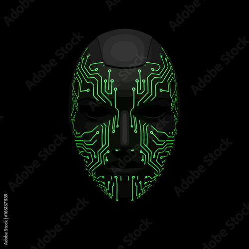 Futuristic mask design featuring intricate green circuit patterns against a black background, symbolizing technology