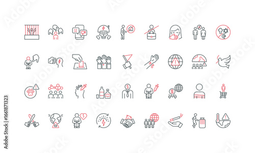 Global social issues, poverty and homeless people, crime and eco problem, war line icon set. Bullying and abuse, alcohol and smoking addiction thin black and red outline symbols vector illustration