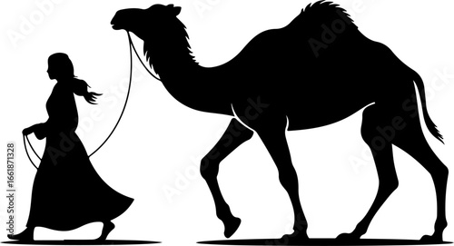 silhouette illustration of a woman leading a camel by a rope