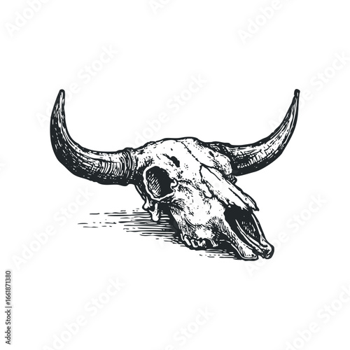 Detailed black and white sketch of a bull skull with long, curved horns