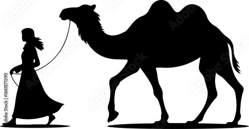 silhouette illustration of a woman leading a camel by a rope