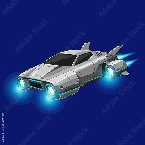 Futuristic silver hover car with glowing blue lights flying against a deep blue background