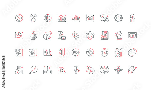 Investment, investors capital and strategy, stock market analysis and trade, dividends line icon set. Economy and financial profit growth thin black and red outline symbols vector illustration