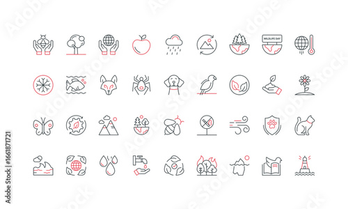 Nature and ecology, environmental protection, conservation line icon set. Protect animals, plants, and insects from destruction, natural disasters thin black and red outline symbol vector illustration