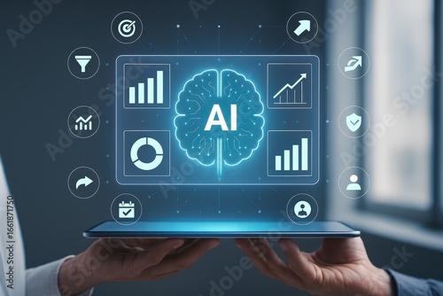 Wallpaper Mural A digital tablet displays an AI concept, featuring a glowing brain graphic and various data visualization elements. Torontodigital.ca