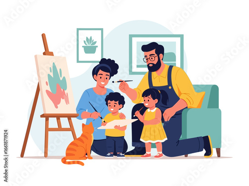 Artistic Family Moment: A family, absorbed in the joy of artistic expression, is gathered around a painting, fostering creativity and connection