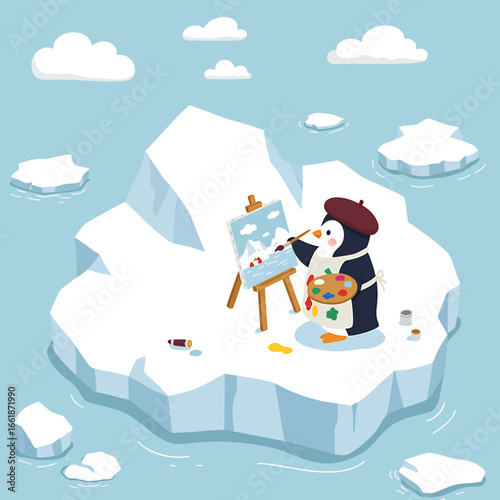 A penguin artist painting a serene icy landscape on an iceberg surrounded by tranquil waters