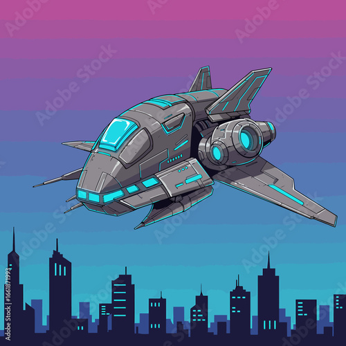 Futuristic spaceship soaring above a vibrant city skyline at dusk, showcasing advanced technology