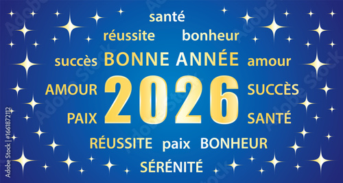 Bonne année 2026 ! Carte de vœux. Illustration vectorielle bleu nuit et or. 