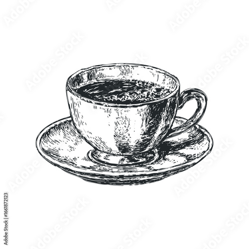 Espresso cup and saucer with dark liquid and bubbles