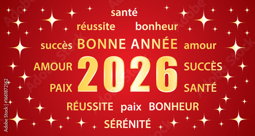Bonne année 2026 ! Carte de vœux. Illustration vectorielle rouge et or. 