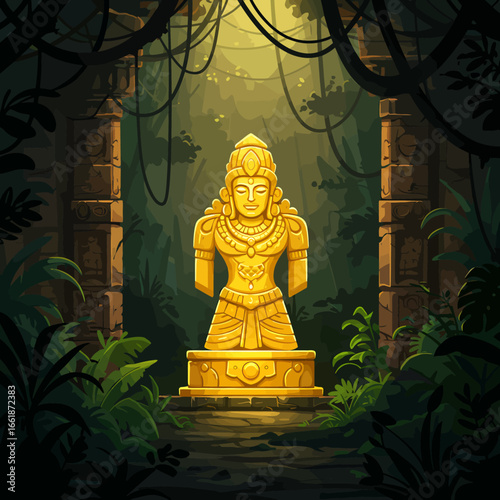 Golden statue of a deity surrounded by dense jungle foliage and ancient stone ruins, illuminated softly